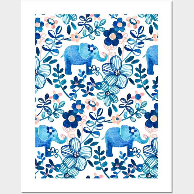 Blush Pink, White and Blue Elephant and Floral Watercolor Pattern Wall Art by micklyn